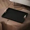 Black/Beige Woven Leather Storage Tray Rectangle with Handle Jewelry Display Plate Handmade Cake Fruit Dessert Tray for Home 4