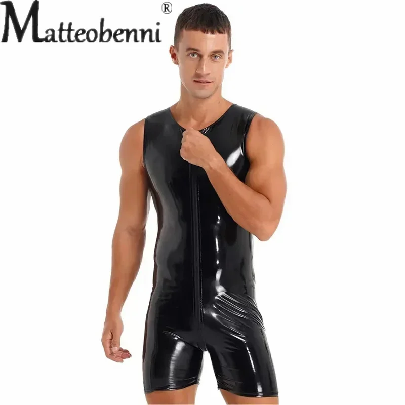 Men bodysuit jumpsuit S-7XL PU Leather Two Way Zipper Open Crotch Sleeveless Wet Look Slim Rompers Cosplay Palysuits
