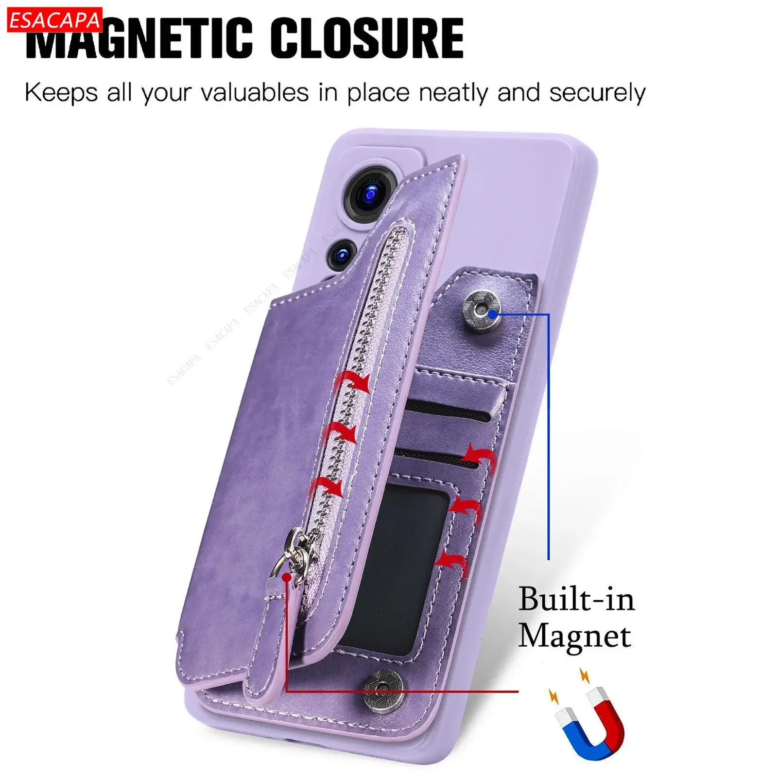 Zipper Wallet Leather Phone Case with Card Holder and Purse Compartment