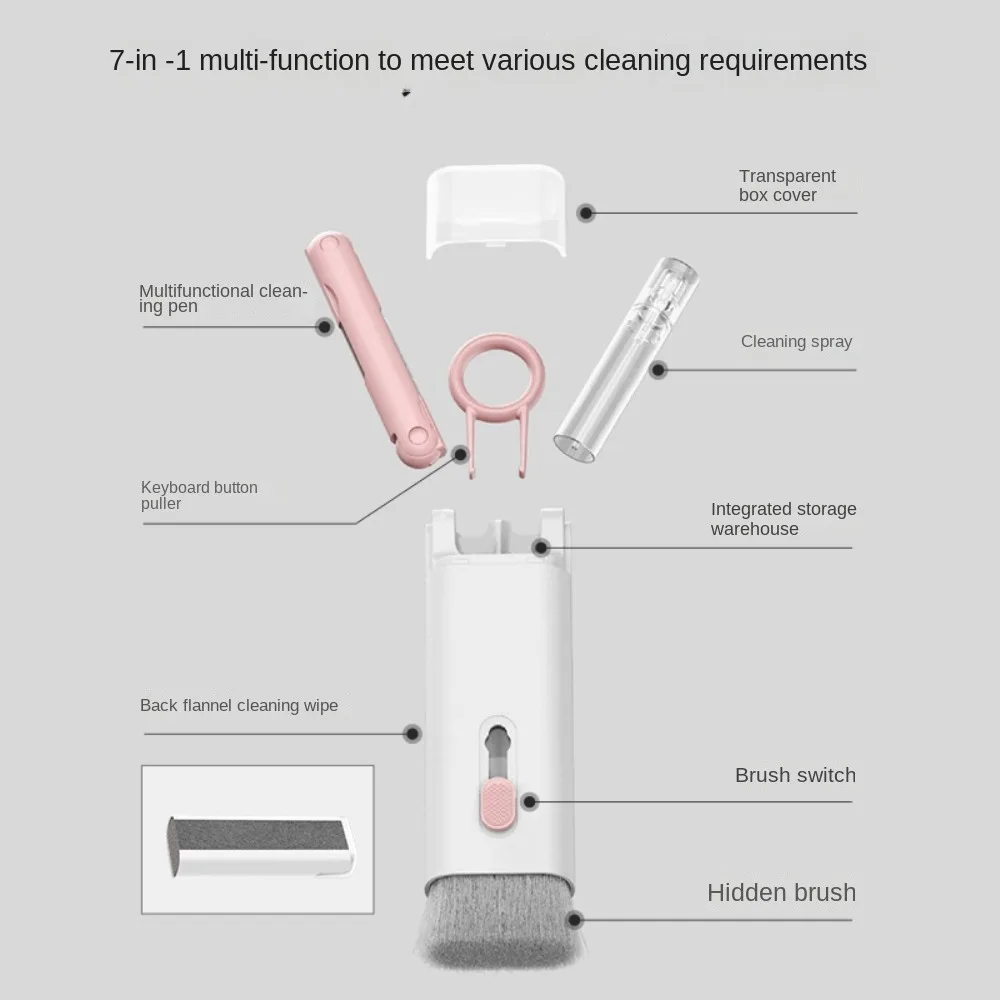7 in 1 Computer Keyboard Cleaner Brush Kit Screen Cleaning Multifunctional Headset Case Cleaning Tools Spray Bottle Clearing Ash 6