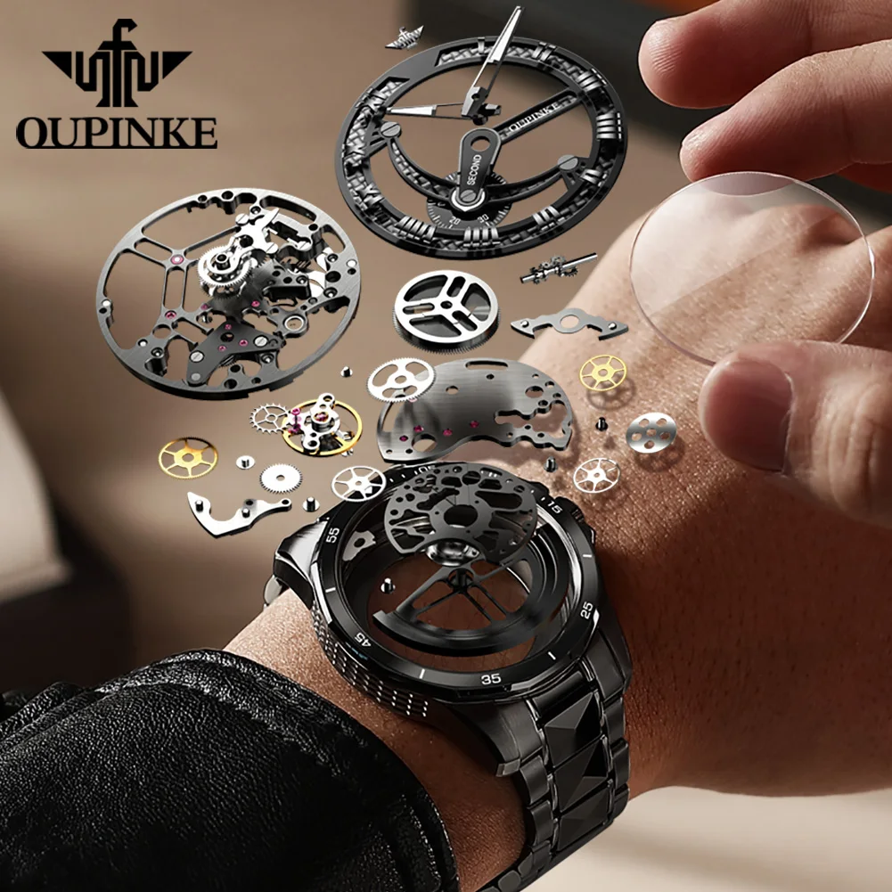 OUPINKE 3178 Automatic Man Watch Original Tungsten Steel Hollow Men's Watches Unique Seconds Hand Design Mechanical Wristwatches