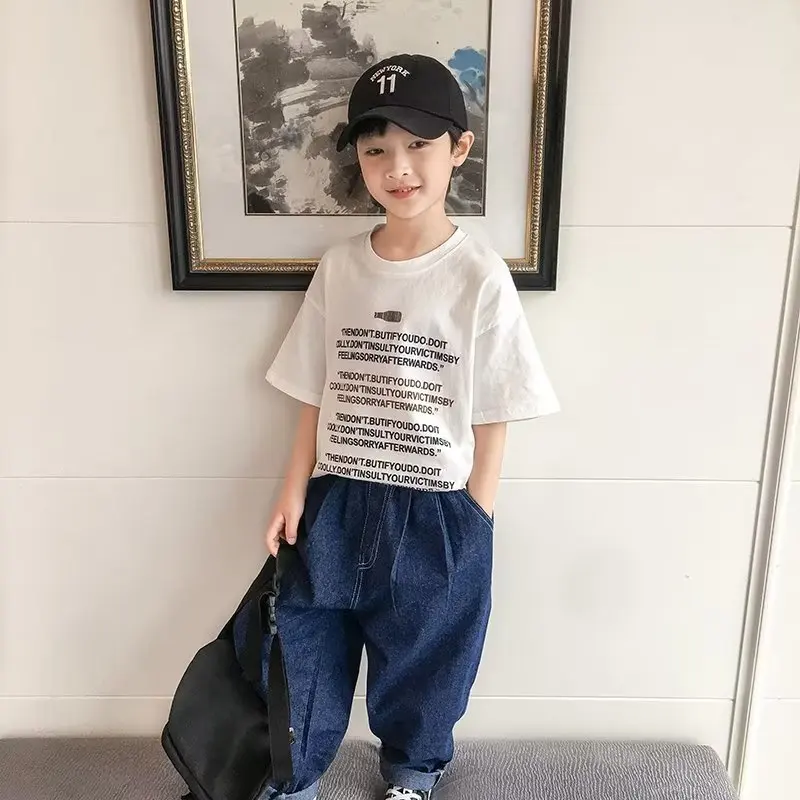 

Trendy Round Neck Summer Straight Tube Style Short Sleeved T-shirt Lazy Popular Children's Fashion Men's Letters New Style