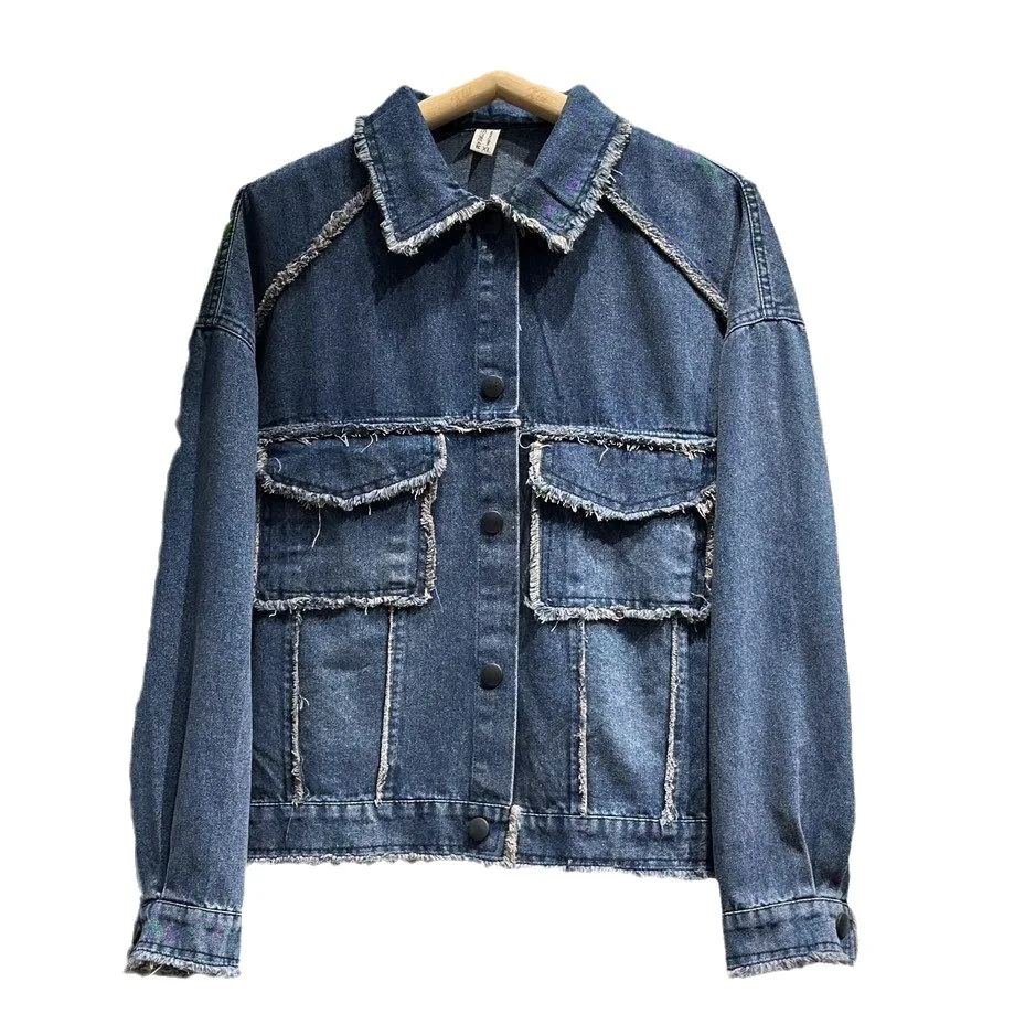 

Autumn Denim Jackets Women Classic Streetwear Splice Raw Edge Retro Make Old Long-sleeved Cardigans Lapel Pockets Coats