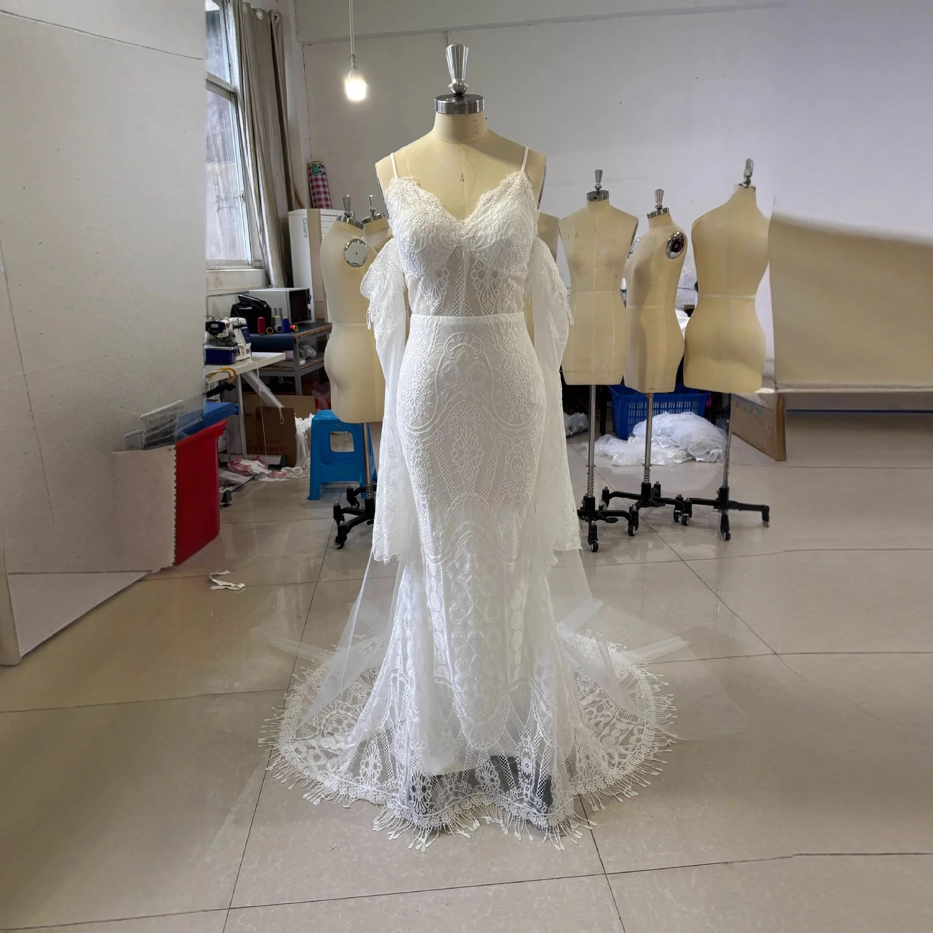 Maßgeschneiderte elegante Spitzen-Boho-Hochzeitskleider mit Quasten, bodenlang, Sweetheart-Ausschnitt, 2026, Meerjungfrauen-Stil, rückenfrei, Brautkleider, Vestidos de Novia – Detail 5