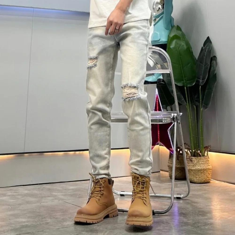 Locomotive Men Invisible Open Crotch Outdoor Sex Ripped Jeans Men's Old Vintage Casual Pants Exotic High Street Elastic Slim 5