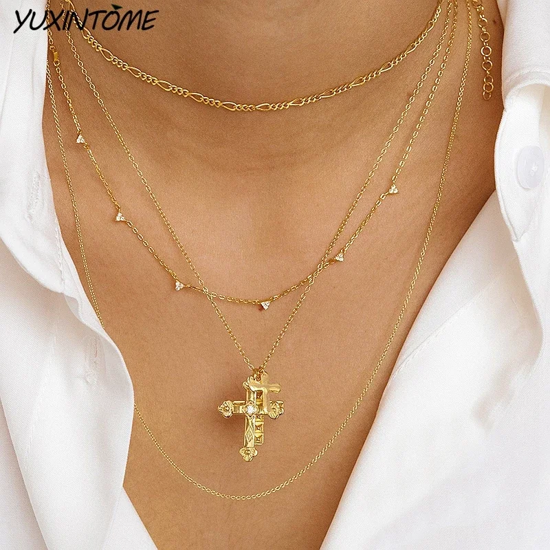 925 Sterling Silver Chain Fashion Cross Pendant Long Chain 45cm Gold Necklace Wedding Rock Punk Charm Exquisite Jewelry Gift