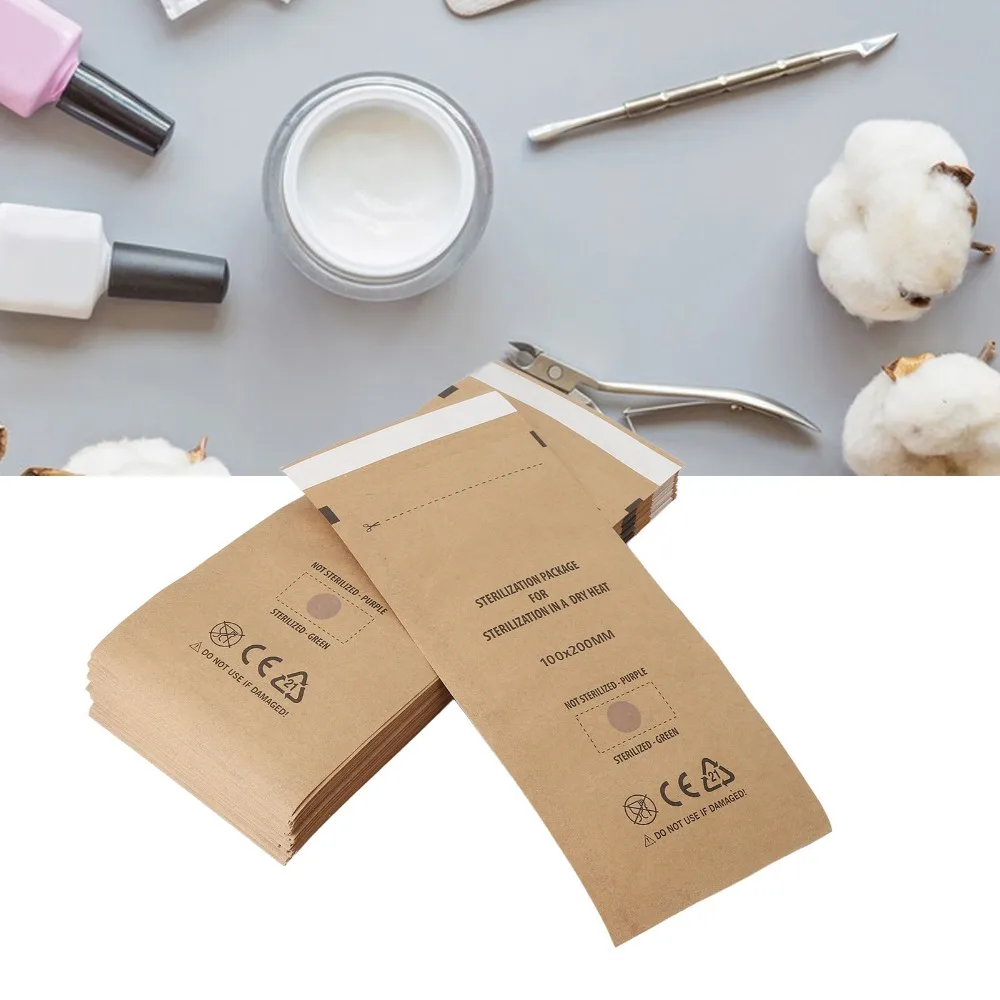 100PCS 크래프트 종이 살균 파우치 일회용 살균 가능 자체 밀봉 파우치 클렌징 백 네일 아트 도구