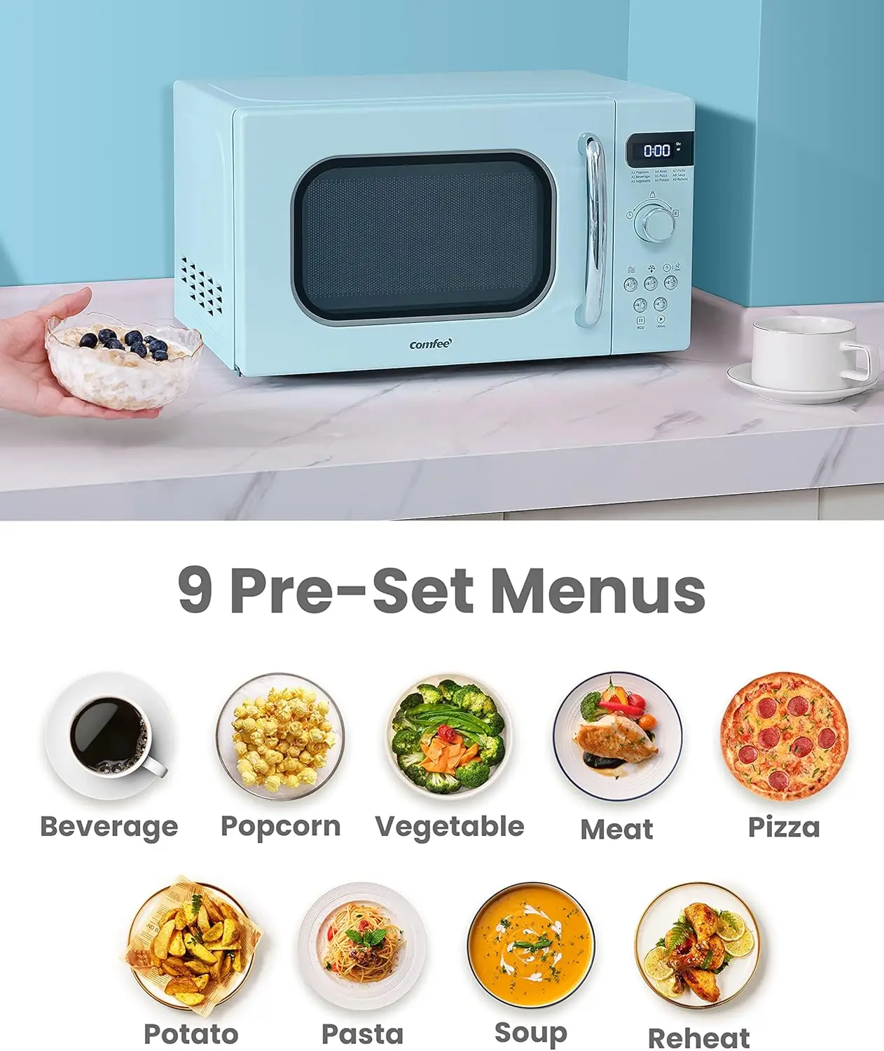 Retro Small Microwave Oven With Compact Size, 9 Preset Menus, Position-Memory Turntable, Mute Function, Countertop Micro 3