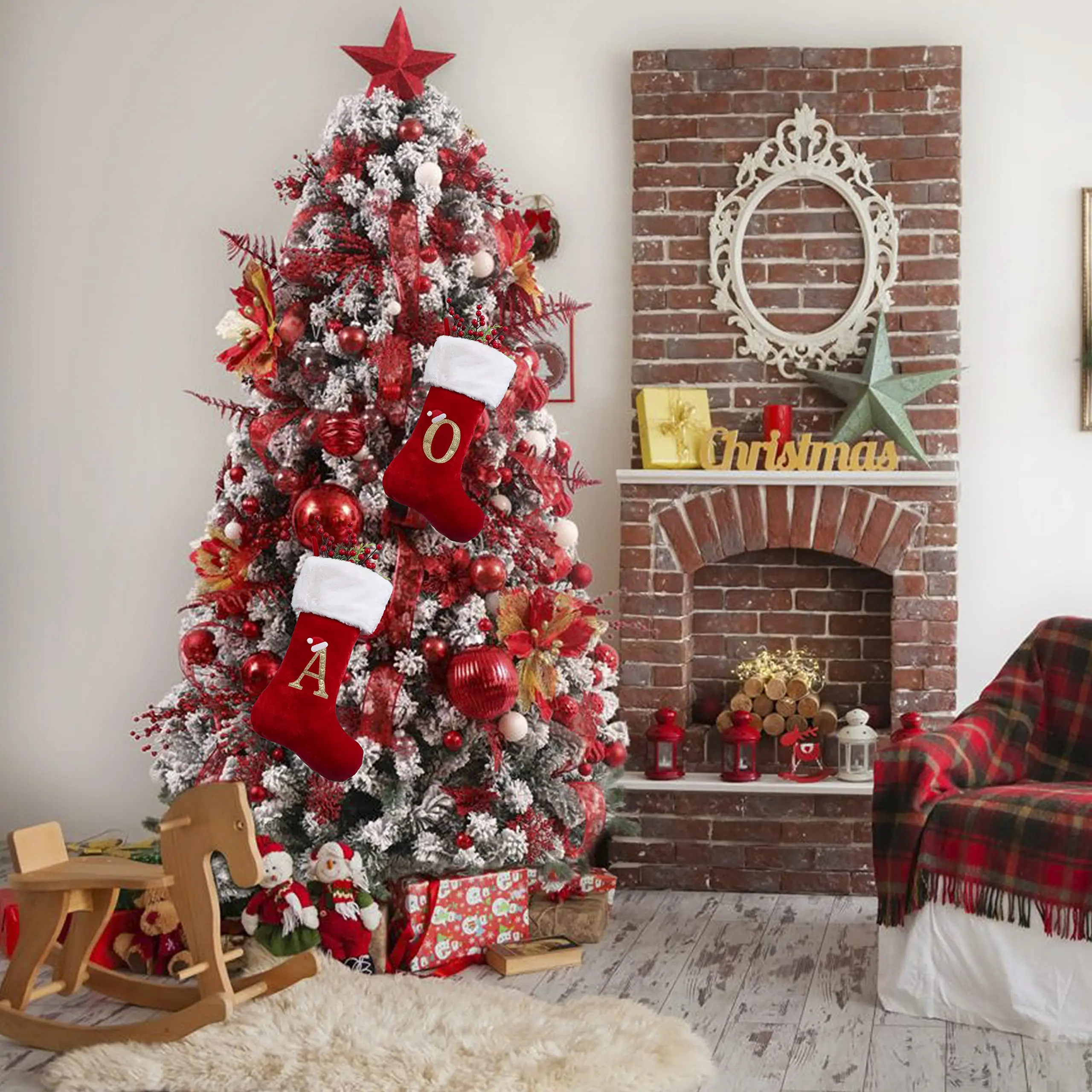 Christmas Stockings 50cm Embroidered Monogram Xmas Sock Holiday Family Stocking for Christmas Fireplace Party Decoration