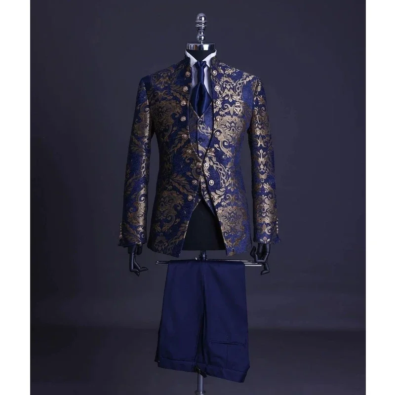 Floral Men Suits for Wedding with Stand Collar Formal Groom Tuxedo 3 Pieces Made Formal Fashion Jacket with Pants Vest