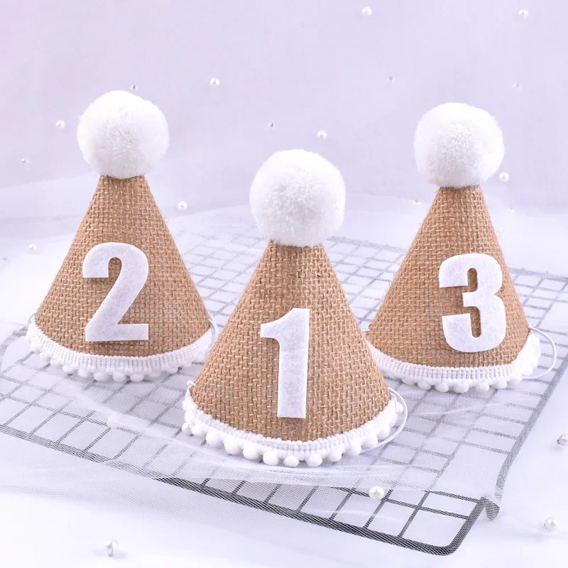 Burlap Hat Baby First Birthday Party Linen Felt Hat 1st 2th 3th Years Kids Baby Shower Hat Birthday Headband Decor Photo Props