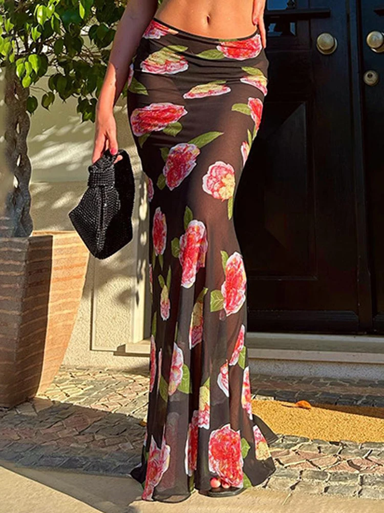 

Tossy Printed See-Through High Waist Long Skirt Female Slim Contrast Mesh Patchwork Summer 2024 New Clothes Women Maxi Skirt