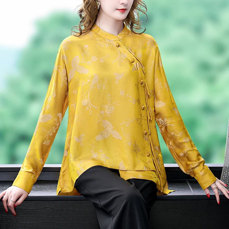 Women Chinese Style Jacquard Natural Silk Blouses Summer