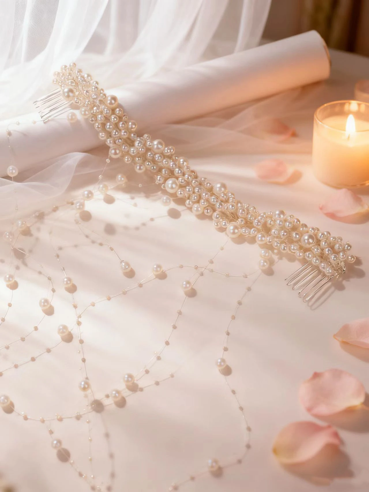 Elegant Bridal Pearl Hair Accessories - Handmade Tassel Combs & Floral Wavy Hairbands