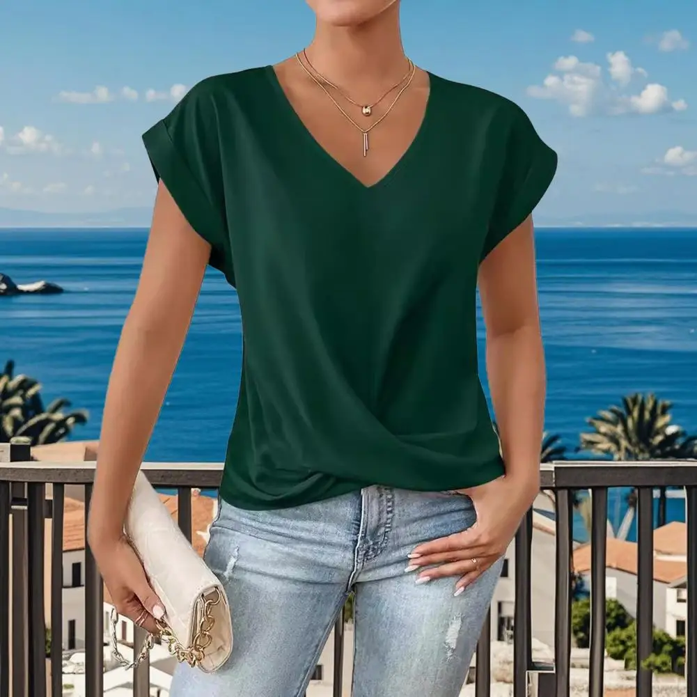 Womens Blouse V-Neck Short Sleeve Ruffled Design T-Shirt Loose Fit Casual Tops Folded Blouse