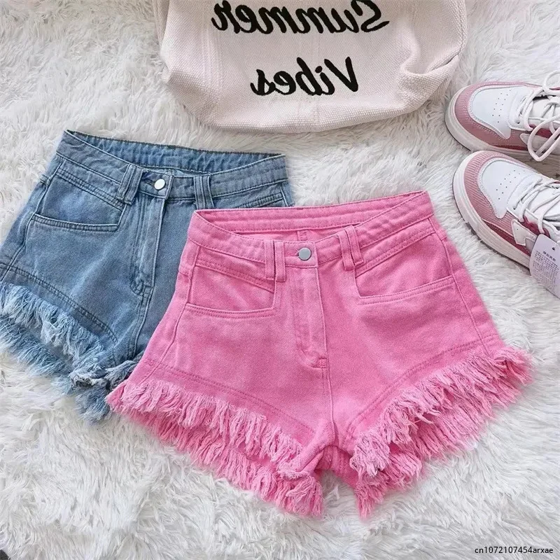 

White Denim Shorts Women New High-Waist Ripped Fringed Burr Hot Pants 2023 Summer Loose Wide-Leg Korean Style Short Femme