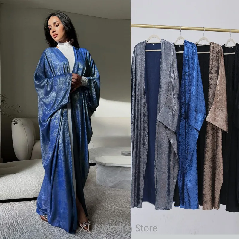 Eid Ramadan Open Kimono Satin Abaya Luxury Batwing Dubai Kaftan Muslim Dress Modest Loose Islam Kebaya For Women Clothing Robe