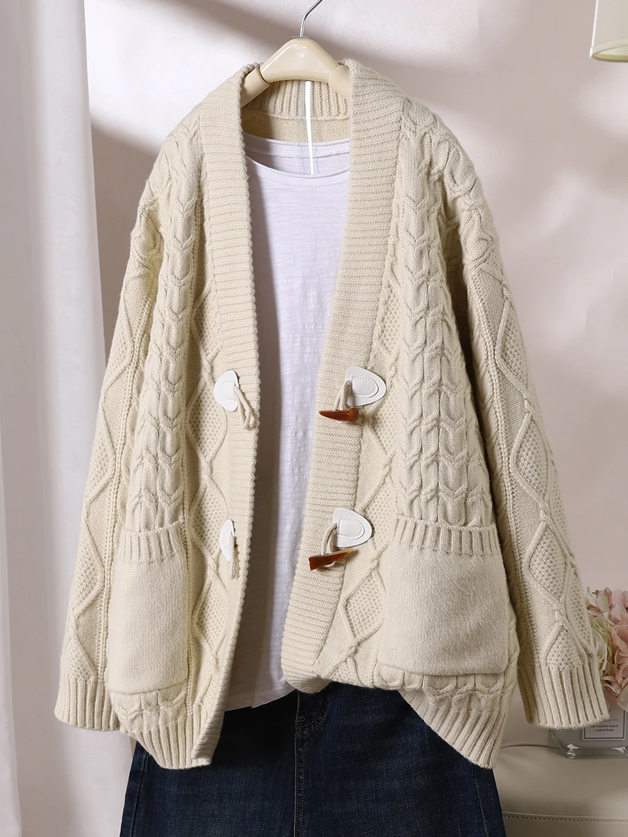 

Autumn/Winter 2023 New style cow horn button solid color Fried Dough Twists knitting cardigan women's loose Korean wool
