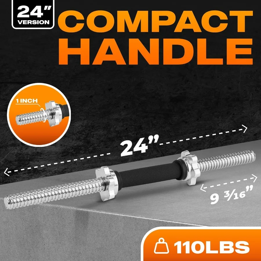 Pair of Threaded Dumbbell Handles with Collars 24 inch, Rubber Grip, Fit 1”/ 1.15" Plates, Weight Bar Connector