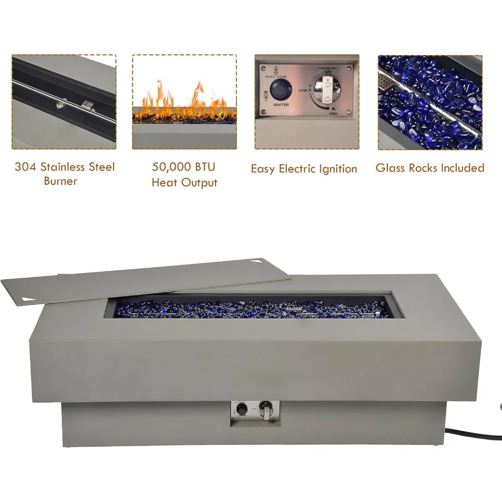 48-inch Fire Table with Natural Gas Conversion Kit, 50,000BTU Outdoor Modern Patio, w/Rectangular Burner Lid, Fire Pits