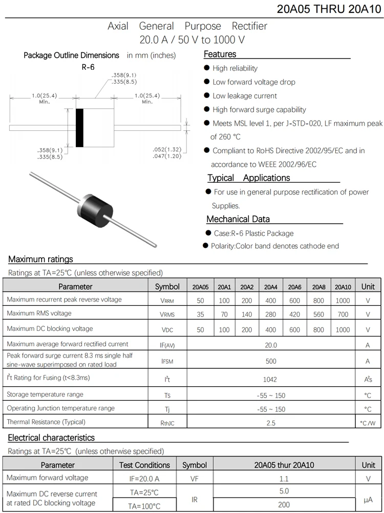 R-6 정류기 다이오드, 10A20, 6A, 10A, 20A, 30A, 1000V, 2000V, 100 개