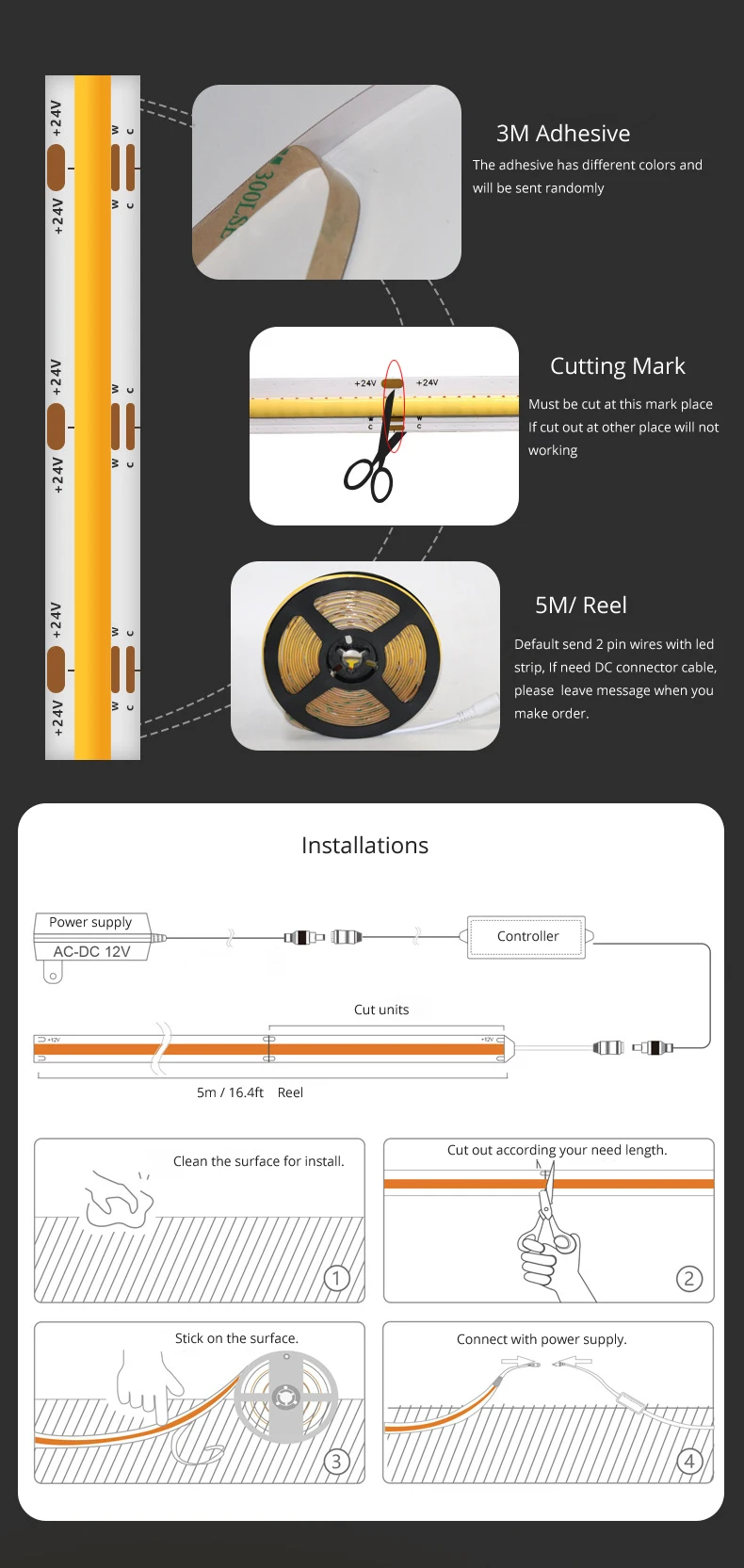 COB Led 스트립 테이프 빛 12V 320 leds/m 너비 8mm 어댑터 RF 원격 캐비닛 도어 터치 조광기 핸드 스윕 PIR 모션 센서