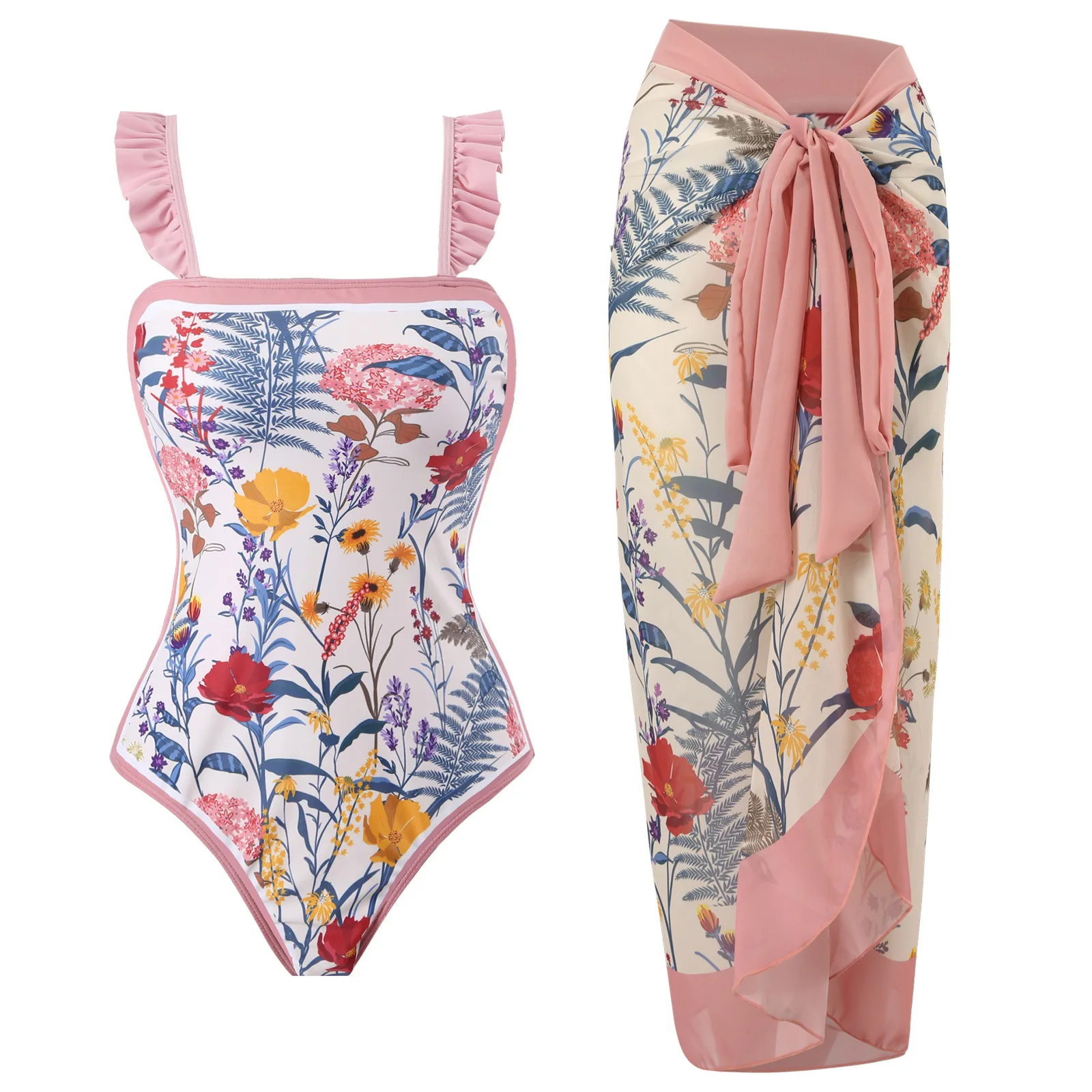 

Retro Women One Piece Swimsuits Vintage Printed Swimwear Chiffon Beach Skirt for Vacation Beachwear Bathing Suit Summer