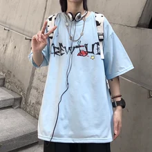 

Summer New Japanese Printing Simple Cartoon Letter Short-Sleeved T-Shirt Female Ins Harajuku Casual Cute Loose Oversized Tops
