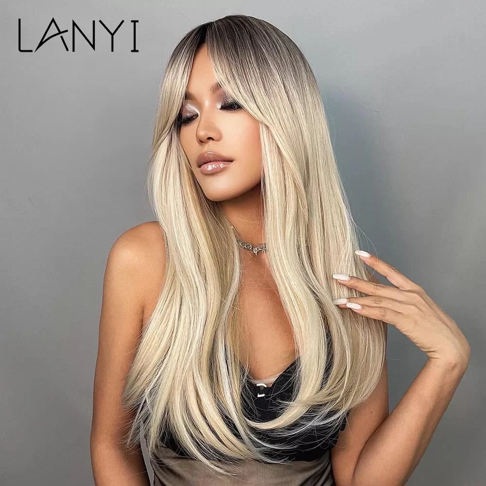 

LANYI 20 Inch Long Straight Ombre Blond Wigs Middle Part women’s Wigs For Famle Daily use Cosplay wig Heat Resistant
