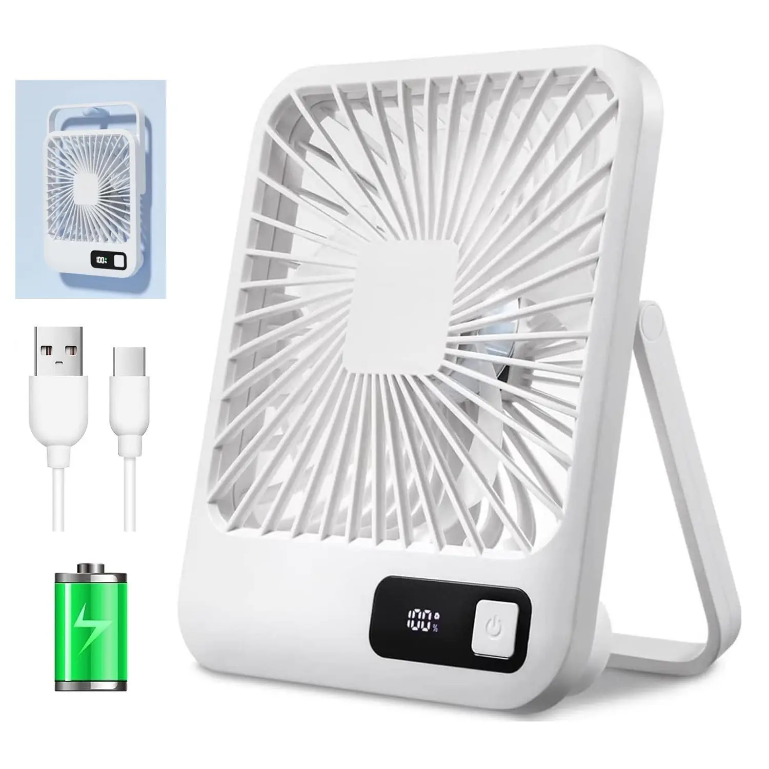 Portable USB Desk Fan 3000mAh Rechargeable Foldable Quiet 7H Timer Strong Wind Cooling for Home Office Travel