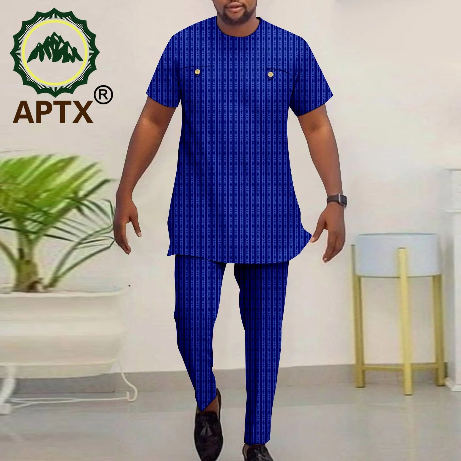 APTX African Men's Suit 2 Pieces Short Sleeves Shirt +Full Pants Casual Set Abaya Polyester Material TA2316006