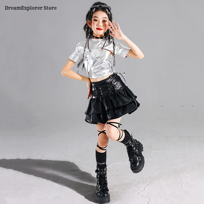 Girls Hip Hop Silver Crop Top Shiny Tiered Skirts Kid K-pop