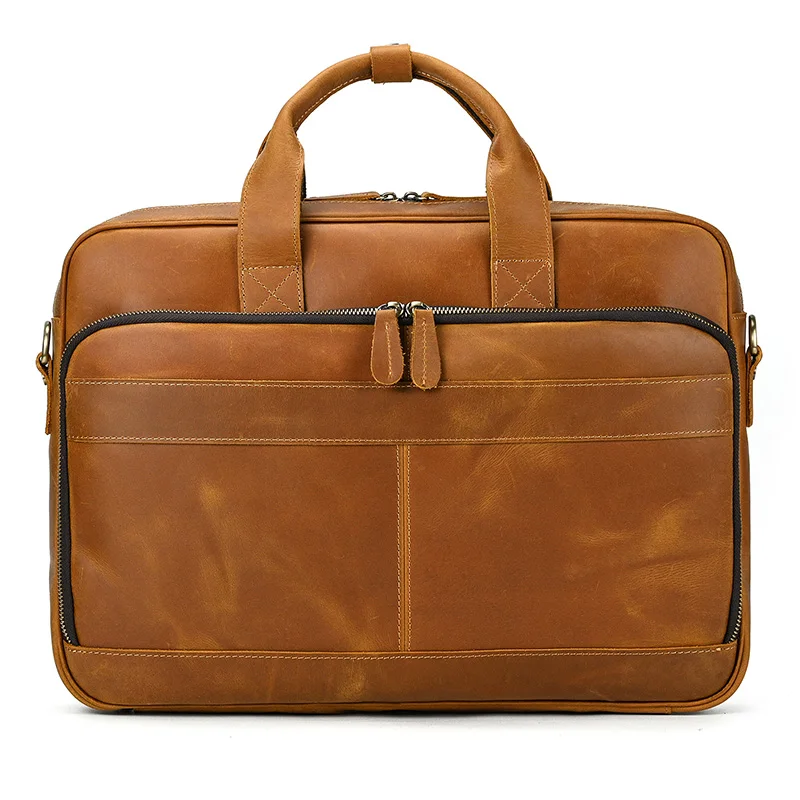 

Men Retro Full Grain Real Leather Briefcase Brown Business Work Tote Crazy Horse leather 16" Laptop Bag Cow Leather Shoulder Bag