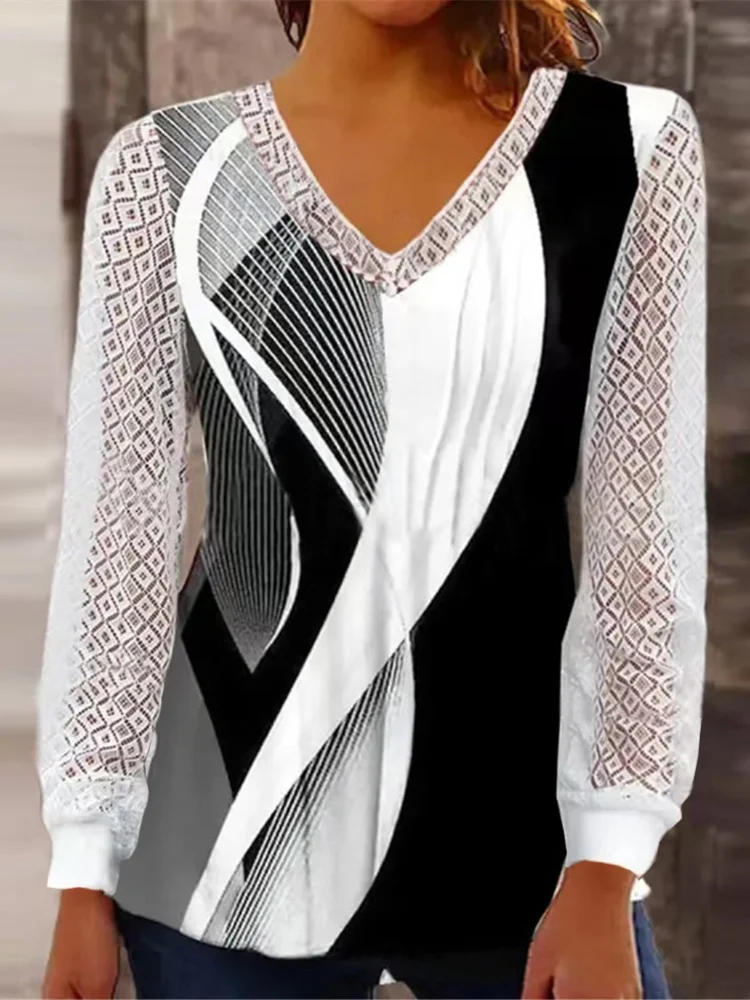 

Women's Fashion Hollow Out Lace T-Shirt Casual Autumn Winter Long Sleeve V-Neck Printed Shirts Tops Female