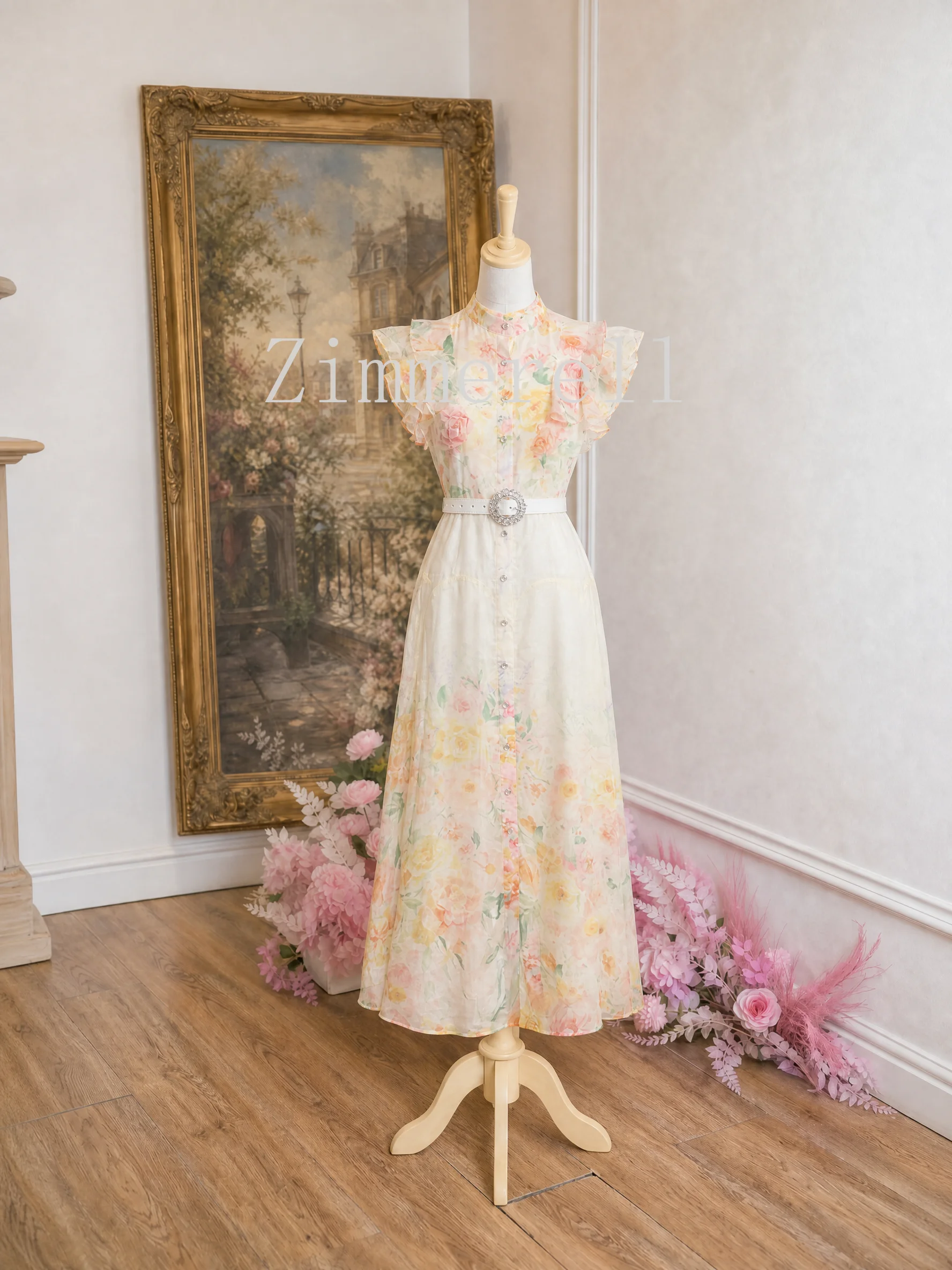 Abito da sera elegante vintage da donna in stile Mori francese, senza maniche, con collo alto, monopetto e cintura