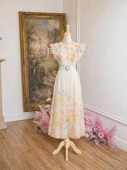 Abito da sera elegante vintage da donna in stile Mori francese, senza maniche, con collo alto, monopetto e cintura