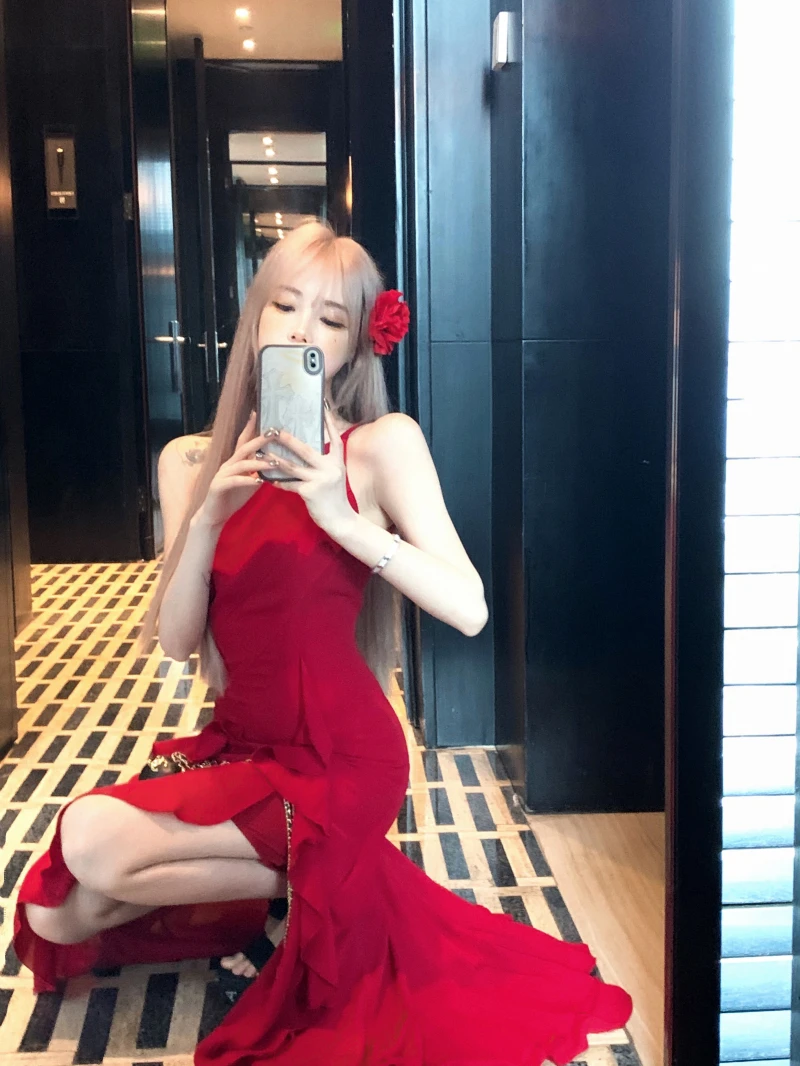 Y2K Red Irregular Womens Dresses Sexy Spaghetti Strap Sleeveless Ruffles Birthday Party Dress Summer Slim Casual Vestidos Mujer