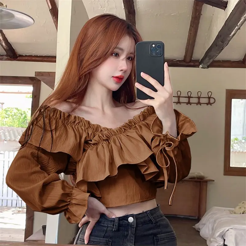 Streetwear Y2k Clothing Blouse Women Tops Shirts Ruffle Long Sleeve Crop Tops Slim Blouses White Black Blue Coffee New