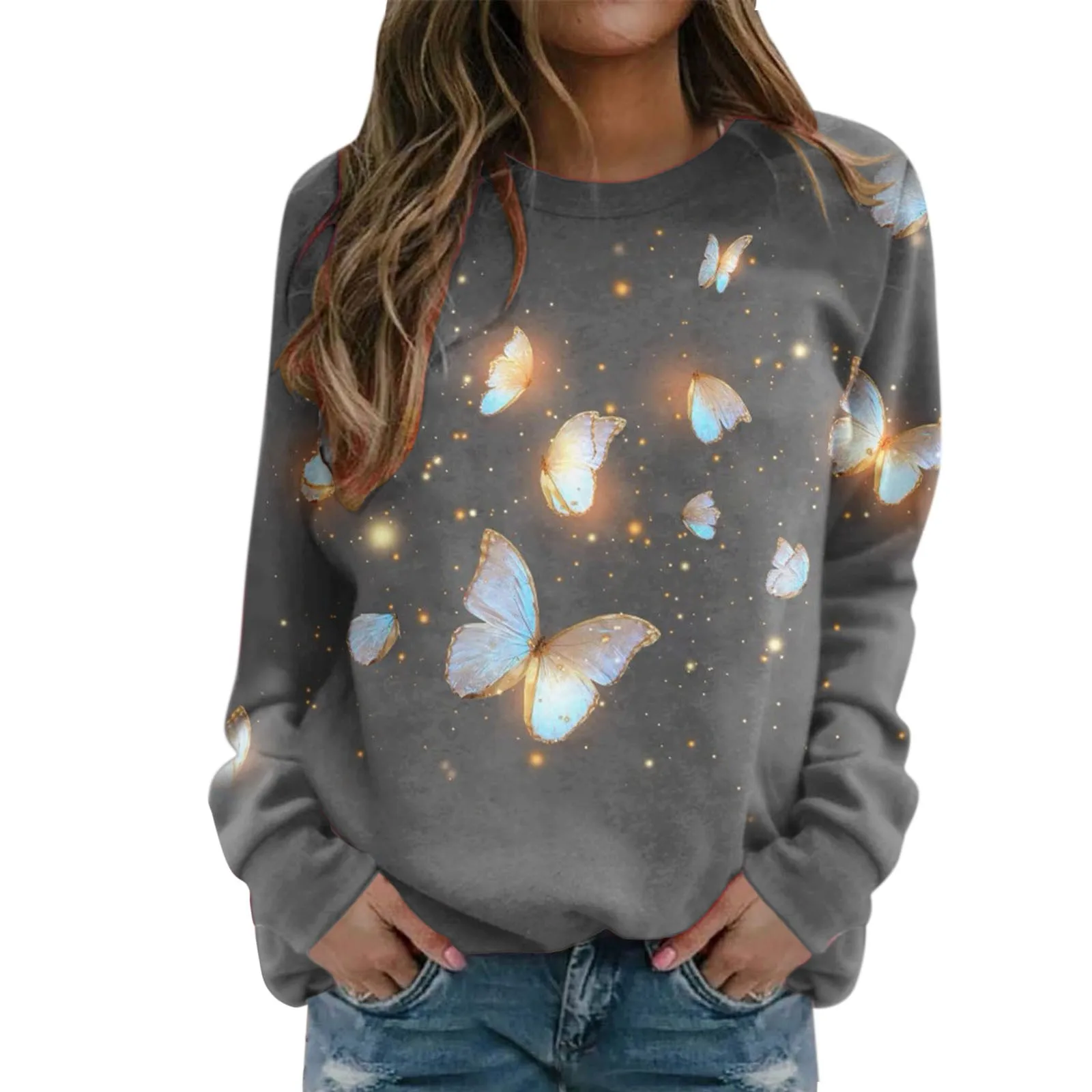 Women Pullover Y2k Sweatshirt Pinup Butterfly Printed Round Neck Long Sleeve Hoodies Autumn Loose Soft Fashion Tracksuit Tops