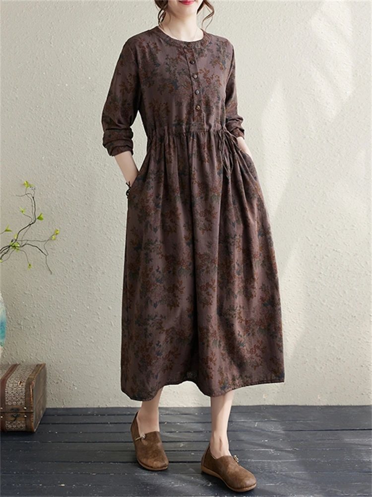 Autumn Cotton Long Sleeve Print Vintage Dresses For Women 2025 New Casual Dress Femme Robe Office Lady Work Elegant Clothing