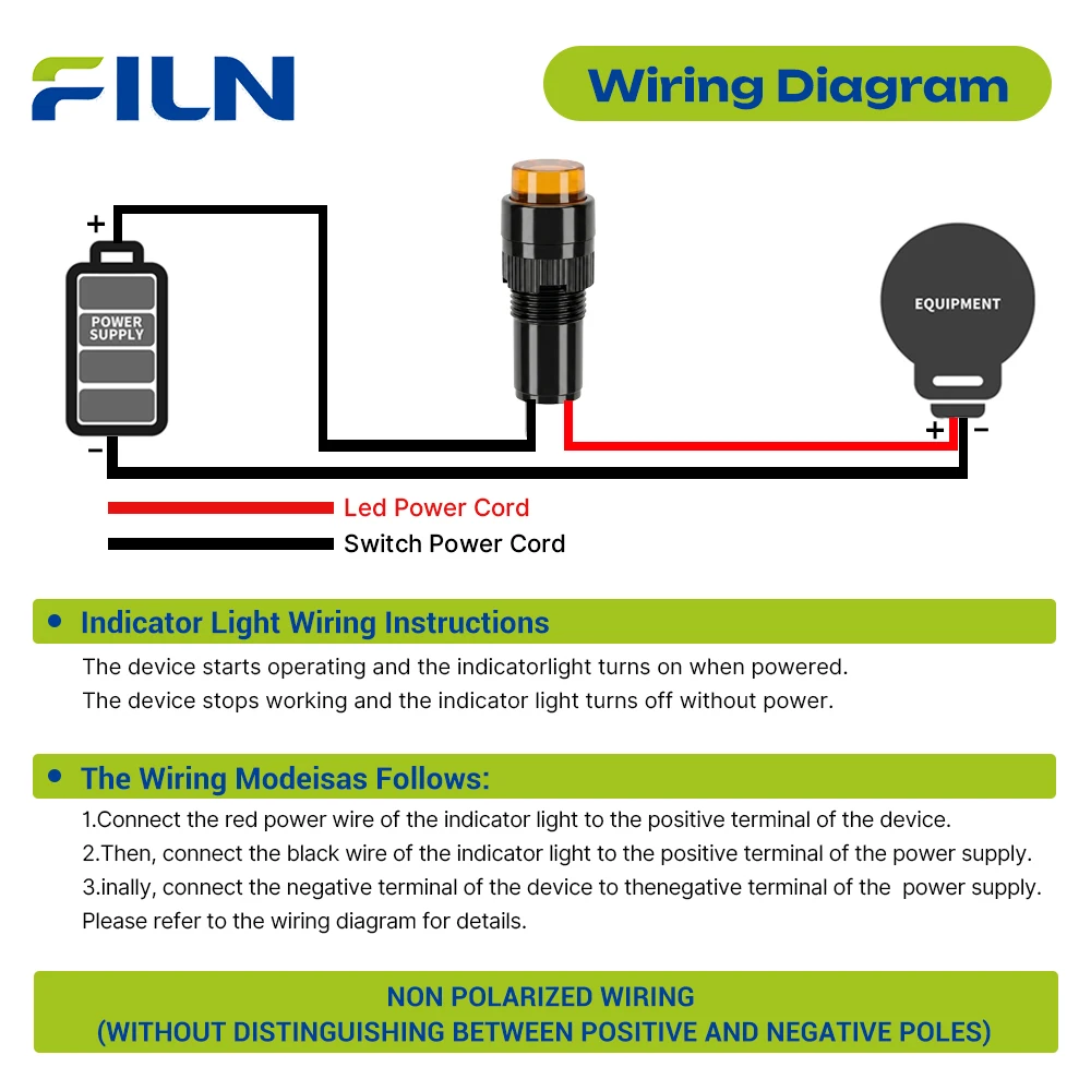 FILN 3PCS 10mm IP67 방수 상태 표시등 2핀 마운트 LED 표시등 12V-24V 트럭 운전실 상업용 제어 대시보드용