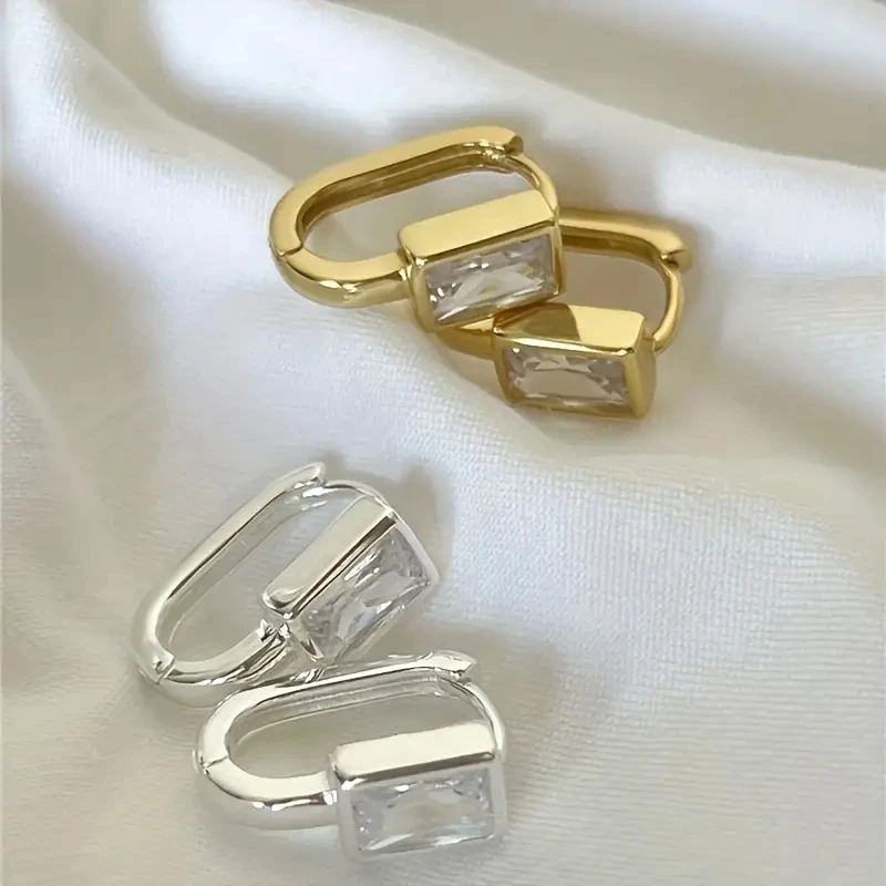 Huitan Rectangular Cubic Zirconia Hoop Earrings Gold Color Lifestyle