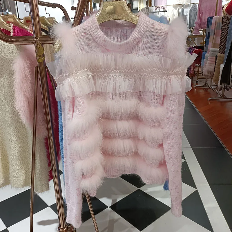 

Женский трикотажный пуловер с открытыми плечами, в полоску, с натуральным лисьим мехом