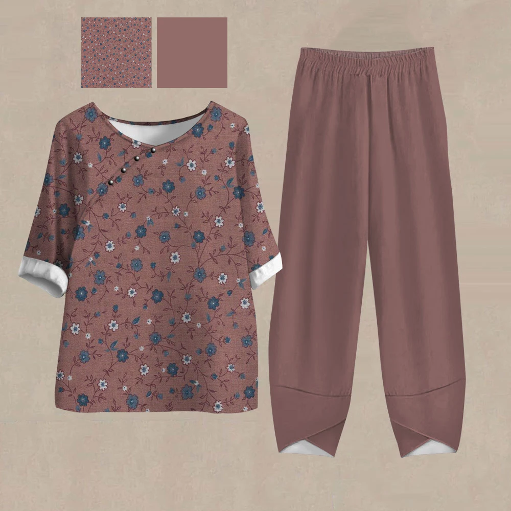 

Women's Two-Piece Set Middle-aged And Elderly T-Shirt Tops O-Neck Outfits Half Sleeves Female Outfit Pants Suit with Pockets