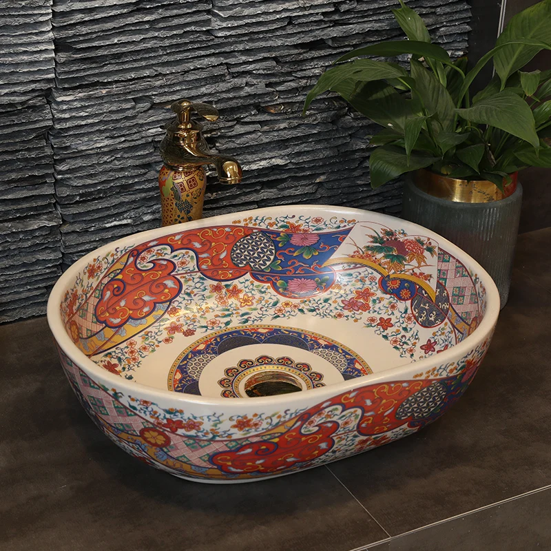 

China Artistic Handmade Countertop round famille rose ceramic wash basin oval shape bathroom sink