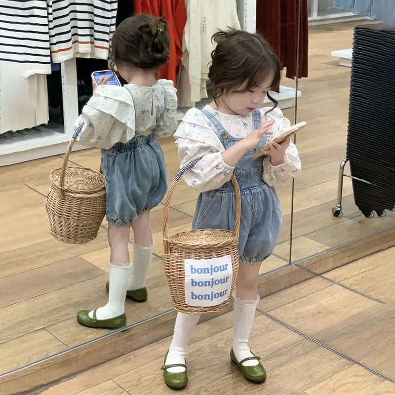 

Children Sets 2023 Spring Blouses Puff Sleeve Print Floral Kids Shorts Above Knee Length Solid Cotton Soft Sweet Lovely Girls