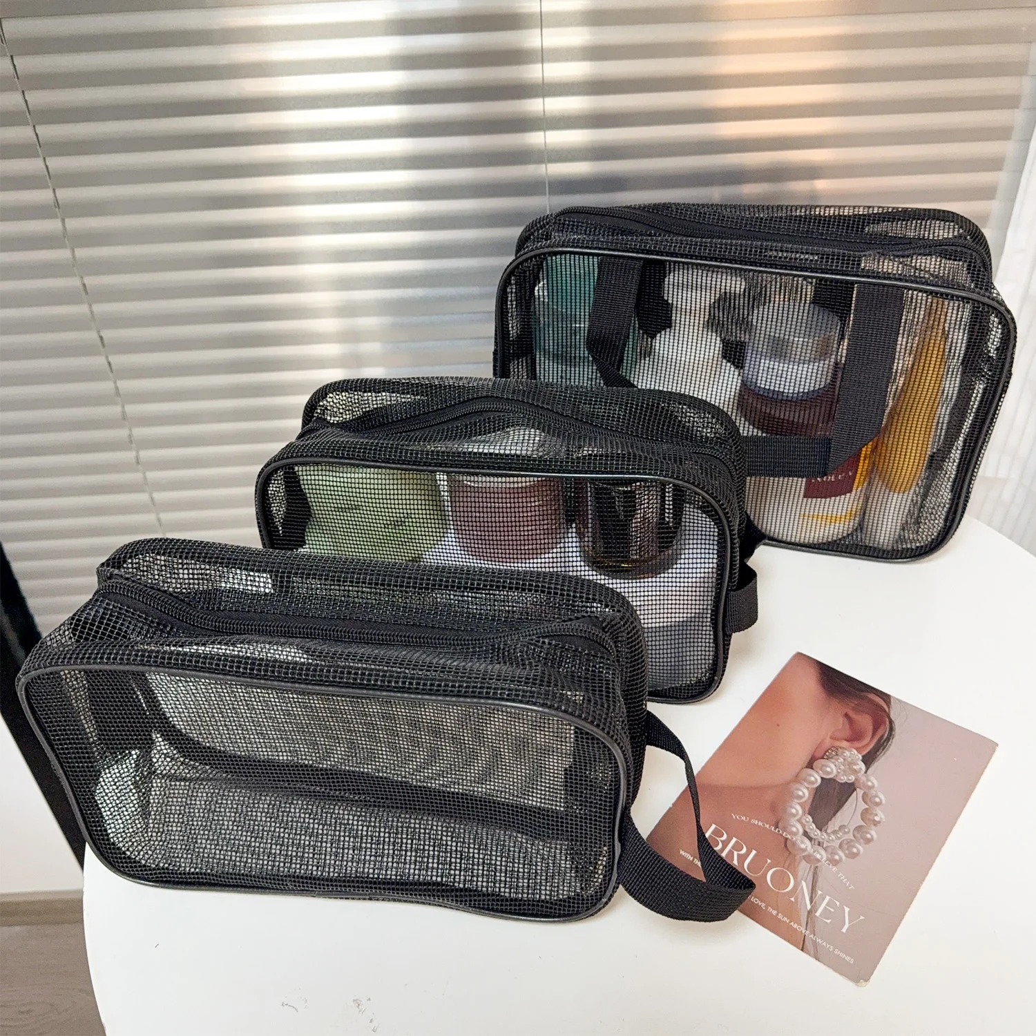 Black Rubber Mesh Portable Cosmetic Storage Bag