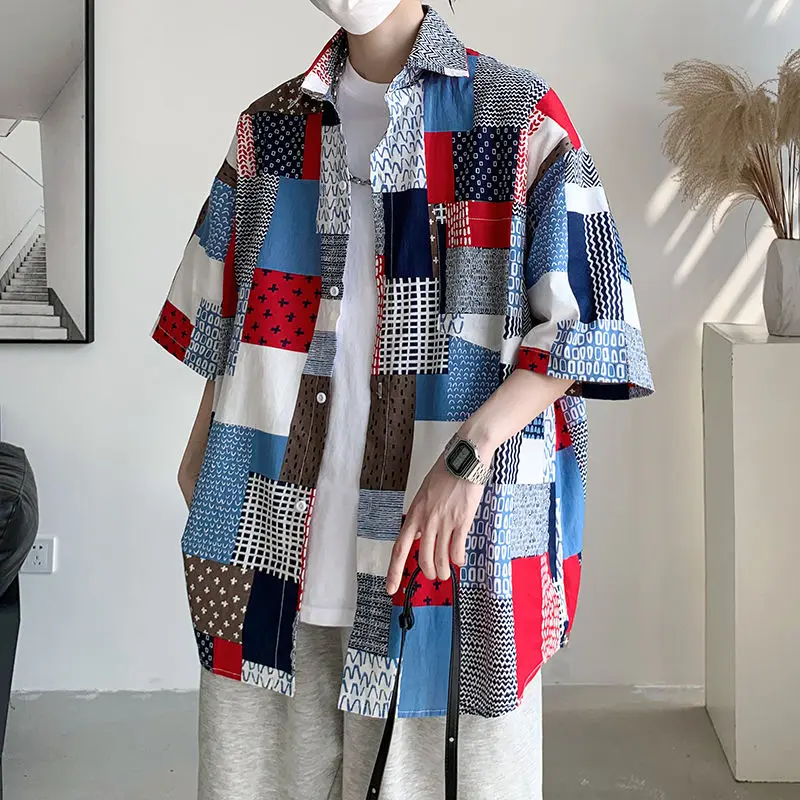 Summer New Turn-down Collar Fashion Short Sleeve Shirt Man Harajuku Casual Loose Button Cardigan Y2K Printing Pure Cotton Blouse