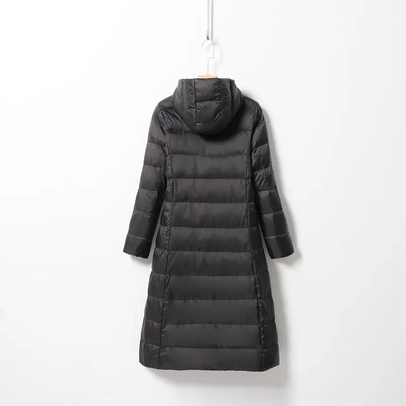 Women's Lightweight Down Jacket Long White Duck Down Coat Hooded Slim Fit Thin Winter Outerwear Puffer Jacket Women JK-071