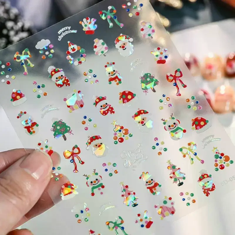 5D Laser Relief Christmas Nail Stickers - Snowflakes Santa Elk Christmas Tree Decals, Embossed Winter Xmas DIY Manicure Set